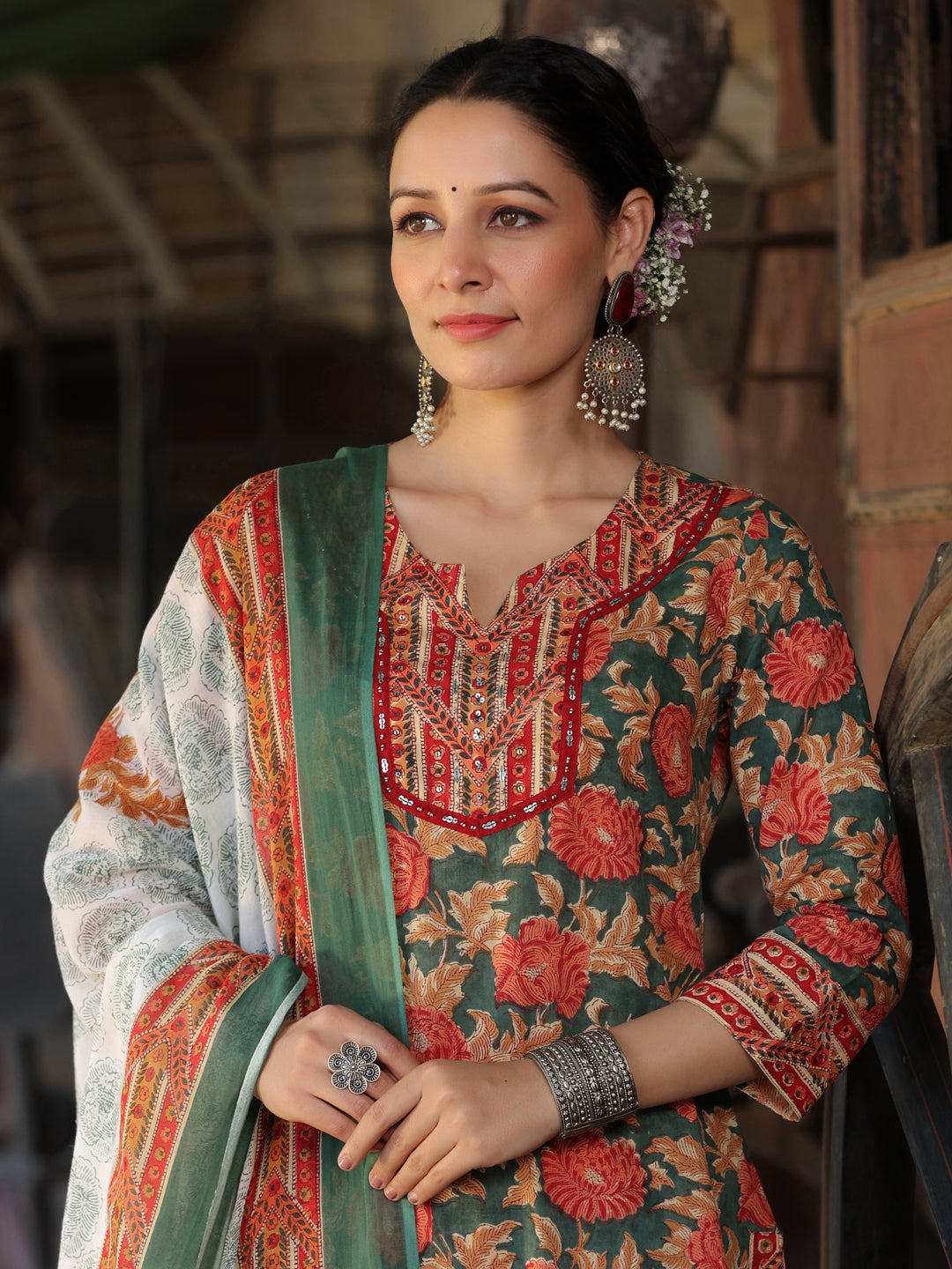 Women Green and Orange Floral Printed Pure Cotton Straight Kurta With Printed Trouser And Printed Dupatta