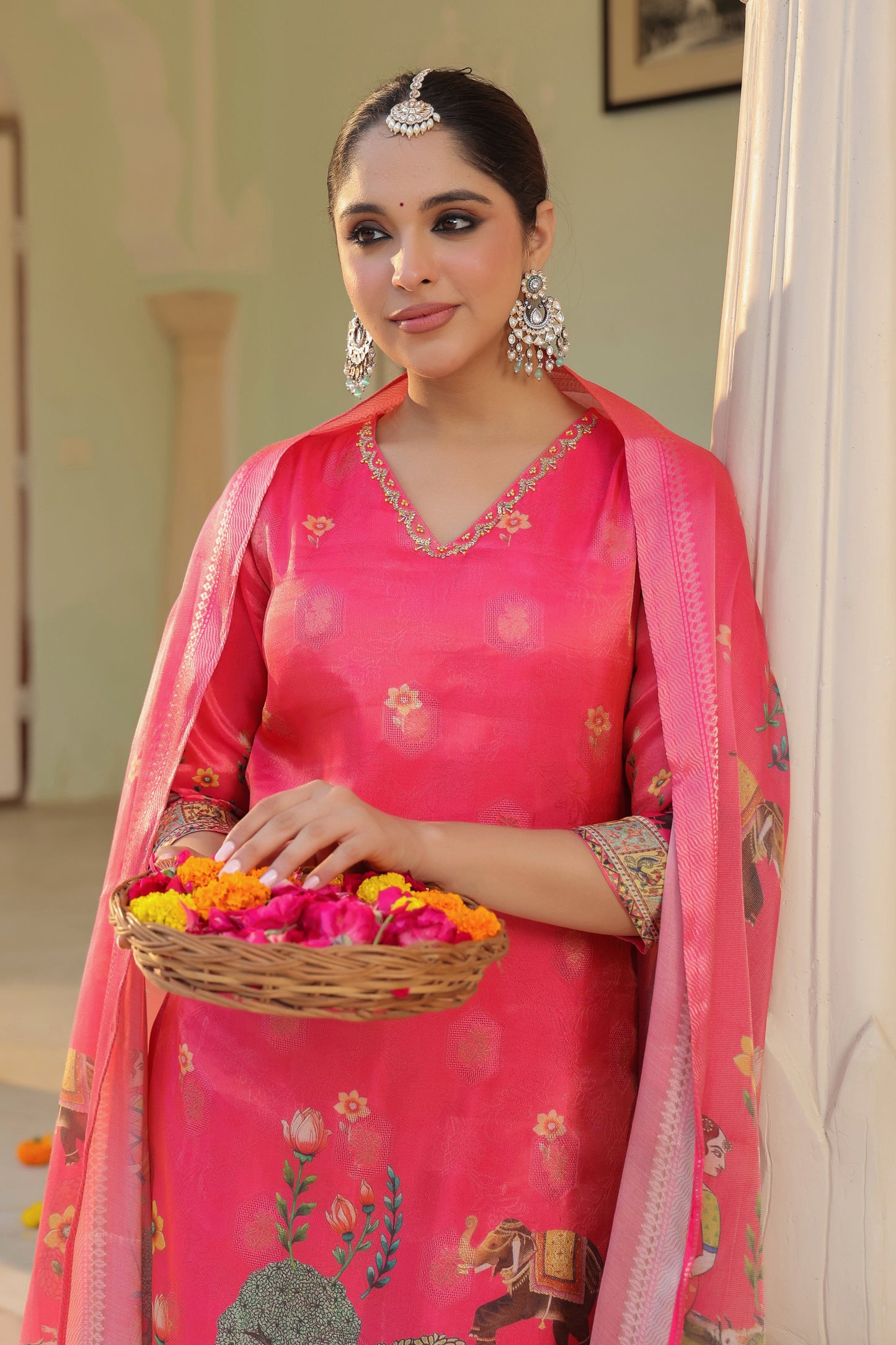 Women Printed Regular Chanderi Cotton Kurta with Trousers & Dupatta