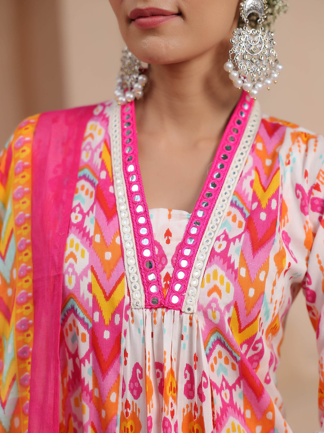 Women Ikat Printed Pure Cotton Kurta with Trousers & Dupatta