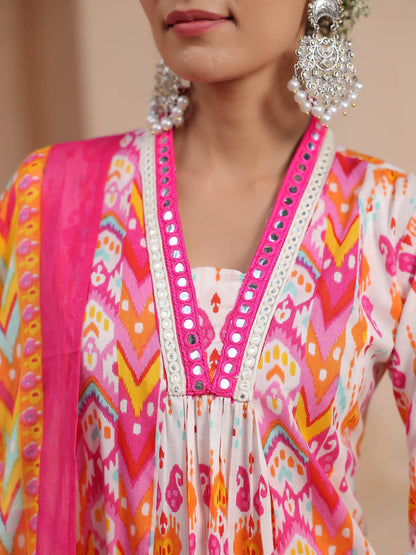 Women Ikat Printed Pure Cotton Kurta with Trousers & Dupatta