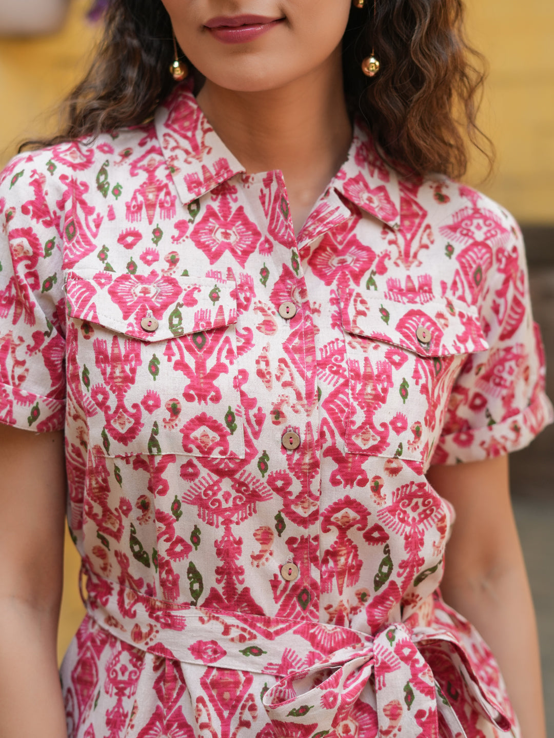 Floral Printed Shirt Collar Roll-Up Sleeve Pure Cotton Top & Trouser