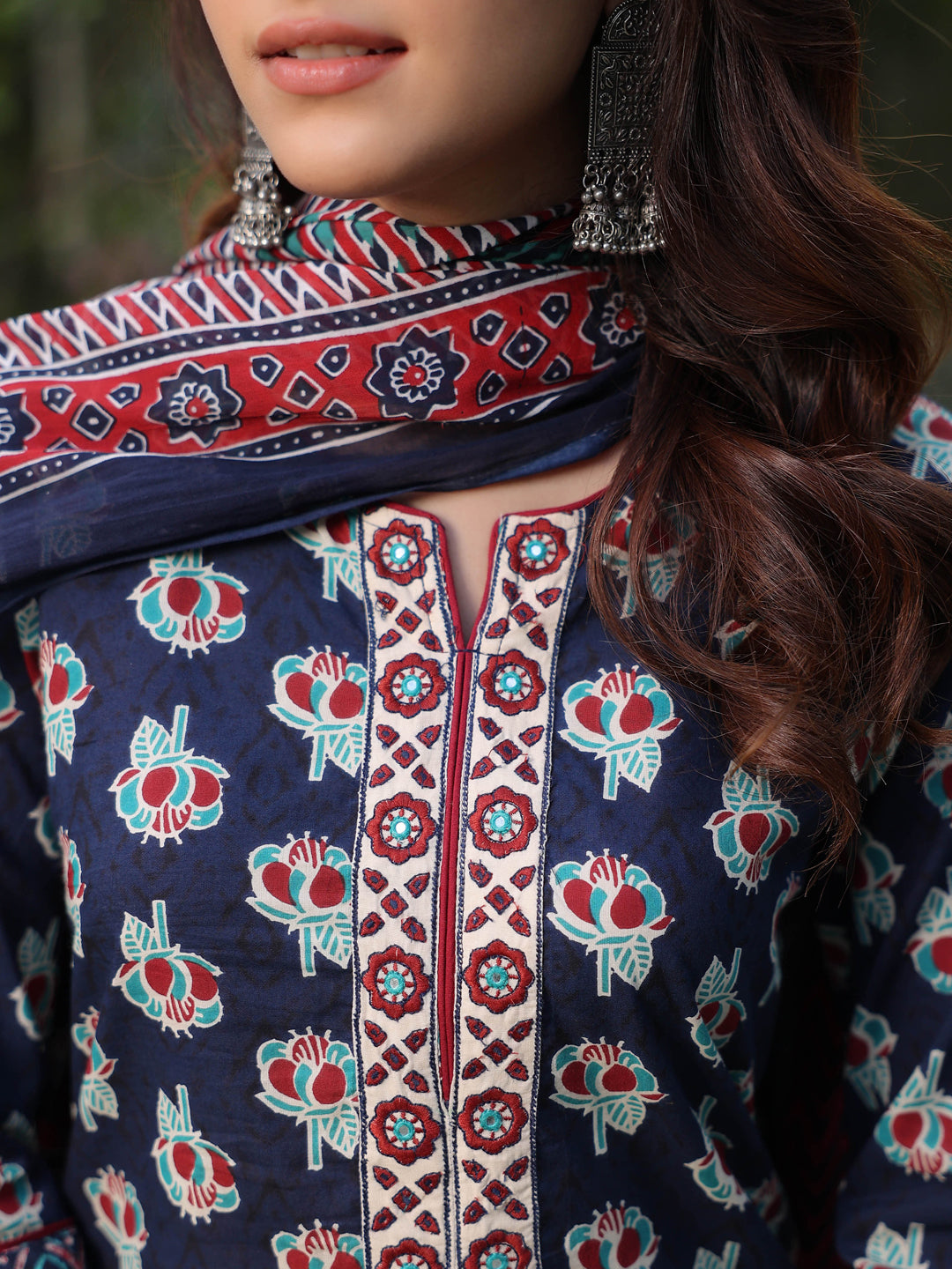 Women Navy Blue Ethnic Printed Cotton Embroidered Straight  Kurta With Printed Trousers and Printed Dupatta