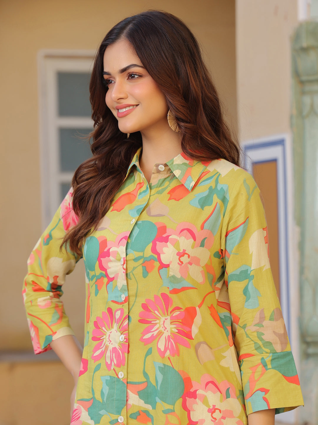 Women Abstract Printed Roll-Up Sleeves Shirt Style Cotton Regular Top