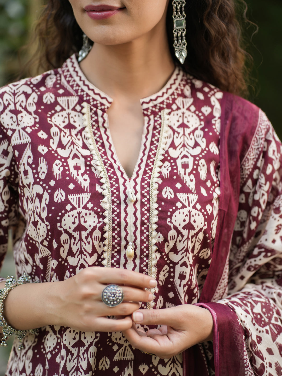 Women Maroon Ikat Printed Pure Cotton Straight Kurta With Printed Trouser And Printed Dupatta