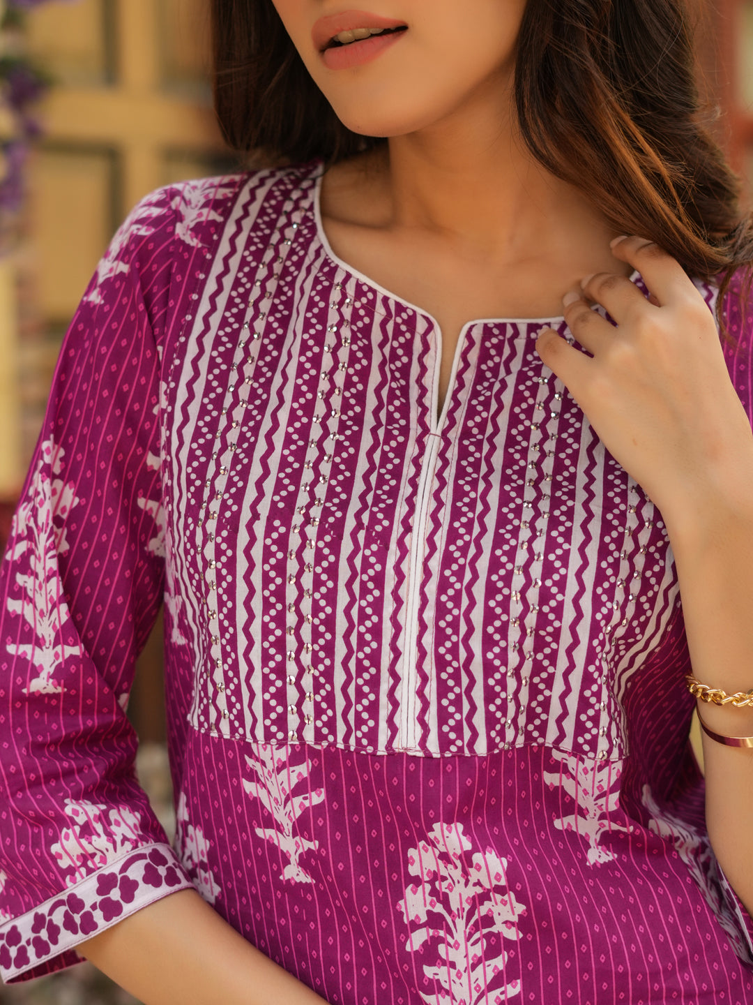 Women Wine & Off-White Printed Sequinned Pure Cotton Kurti