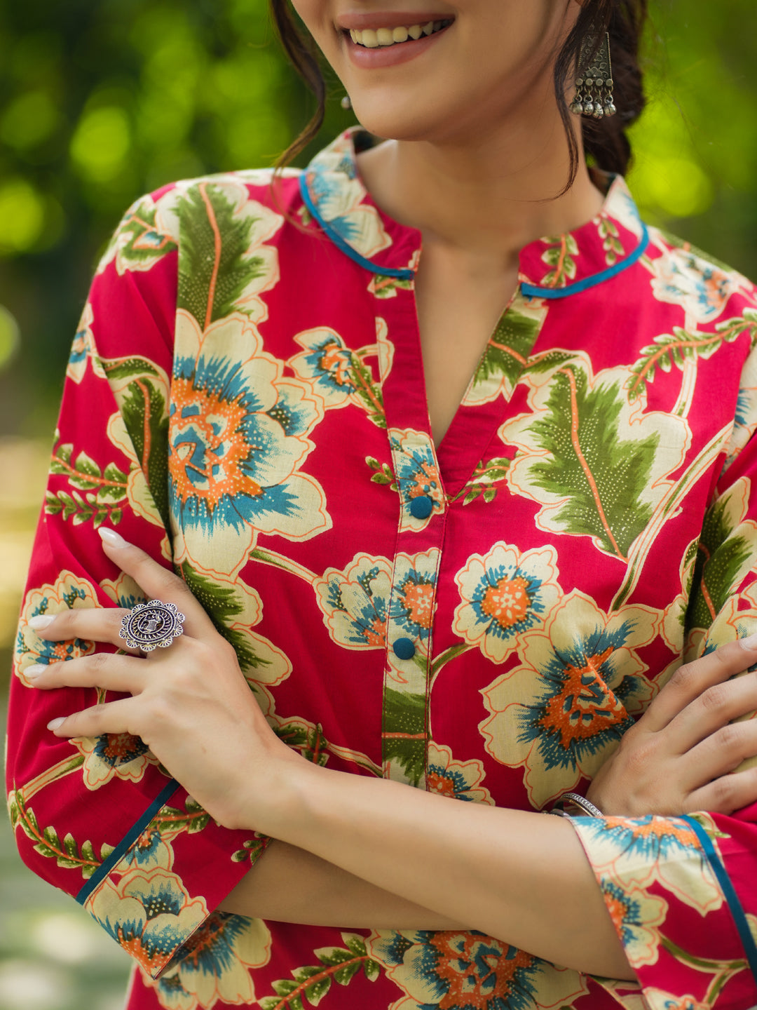 Women Red Floral Printed Pure Cotton Straight Kurtas