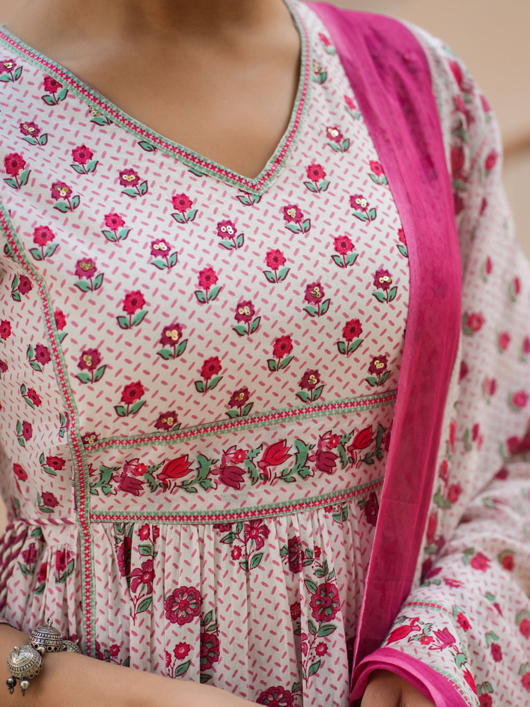 Women Pink Floral Printed Pure Cotton A-line Kurta With Solid Trouser And With Printed Dupatta
