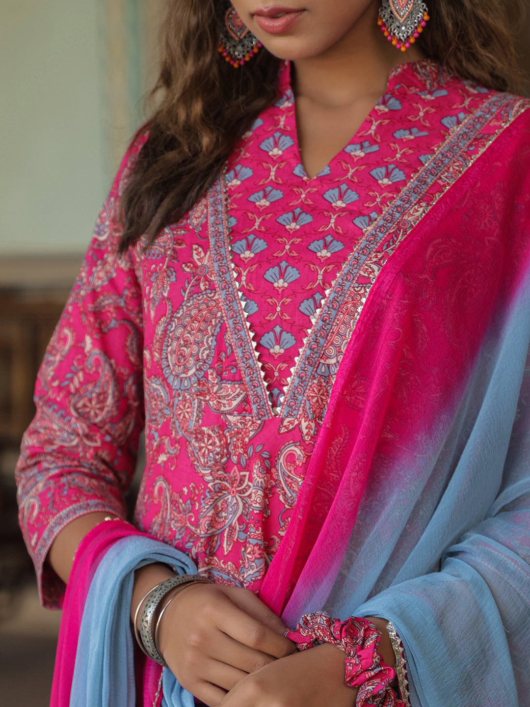 Women Fuchsia Paisley Printed Pure Cotton Kurta With Printed Trouser And Dyed Dupatta