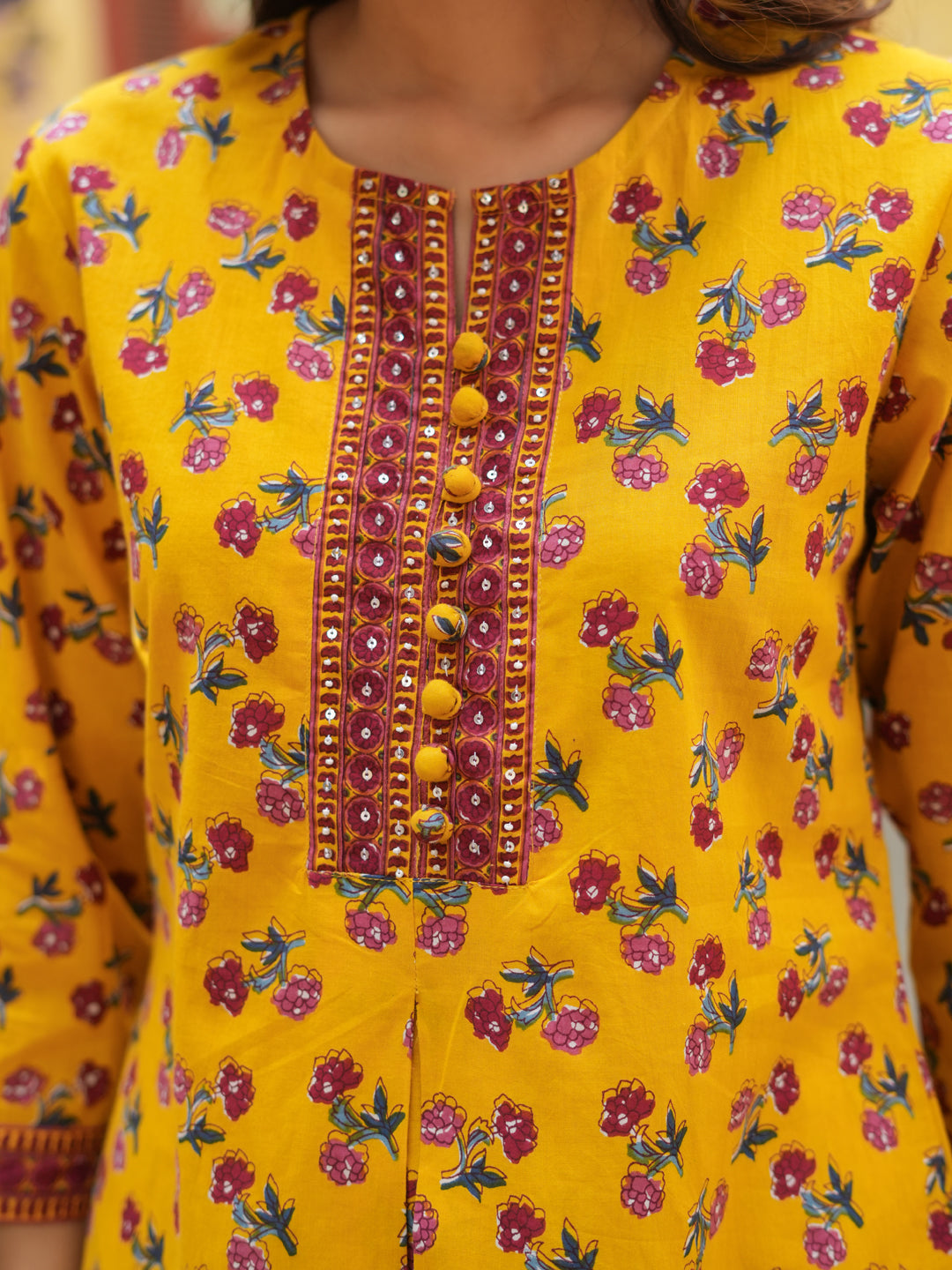 Women Mustard Ethnic Motifs Printed, Sequinned Pure Cotton Kurti