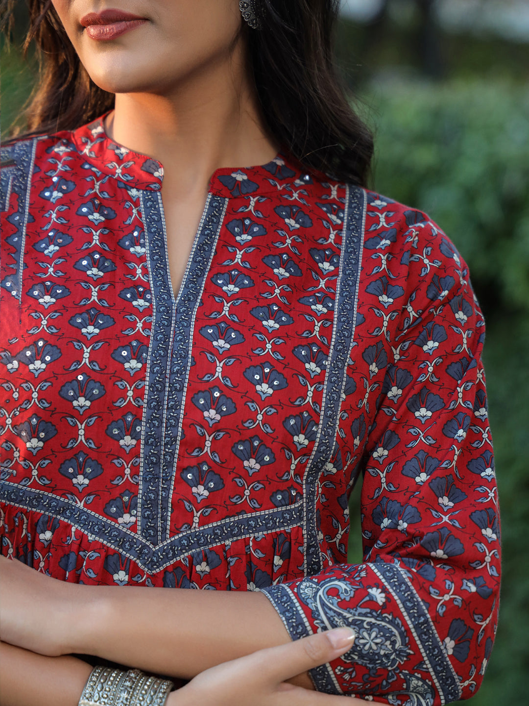 Women Maroon Ethnic Motifs Printed Pure Cotton A-line Kurti