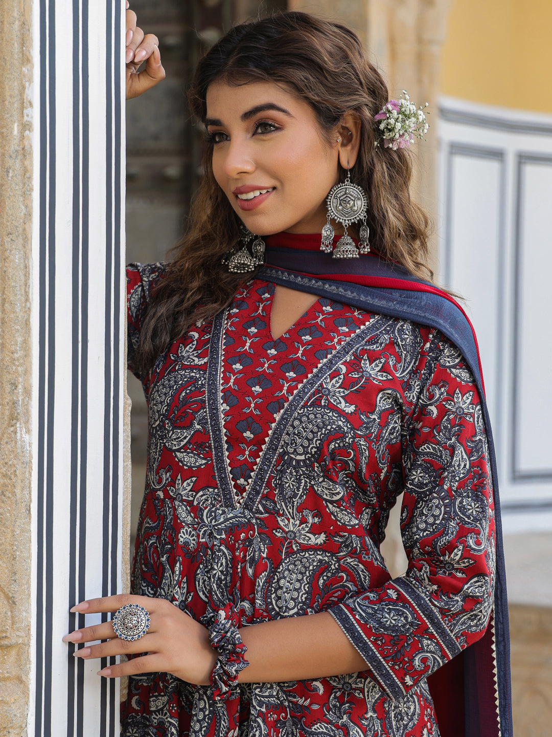 Women Maroon Paisley Printed Pure Cotton Kurta With Printed Trouser And Dyed Dupatta