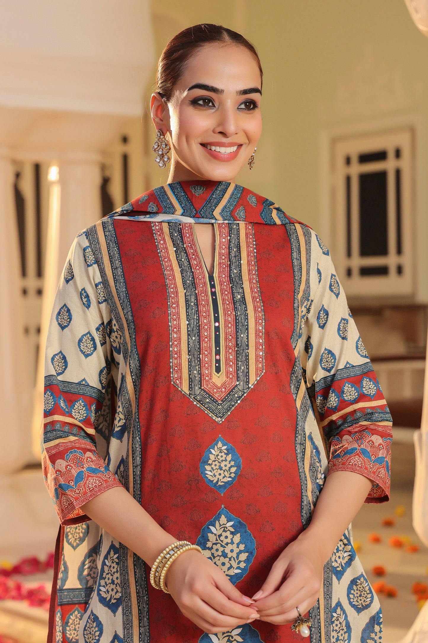 Floral Printed Mandarin Collar Muslin Kurta With Trousers & Dupatta