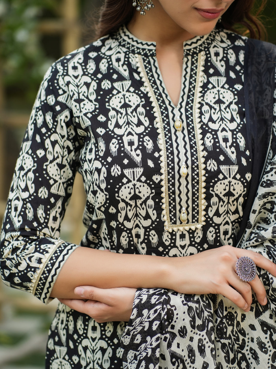 Women Black Ikat Printed Pure Cotton Straight Kurta With Printed Trouser And Printed Dupatta