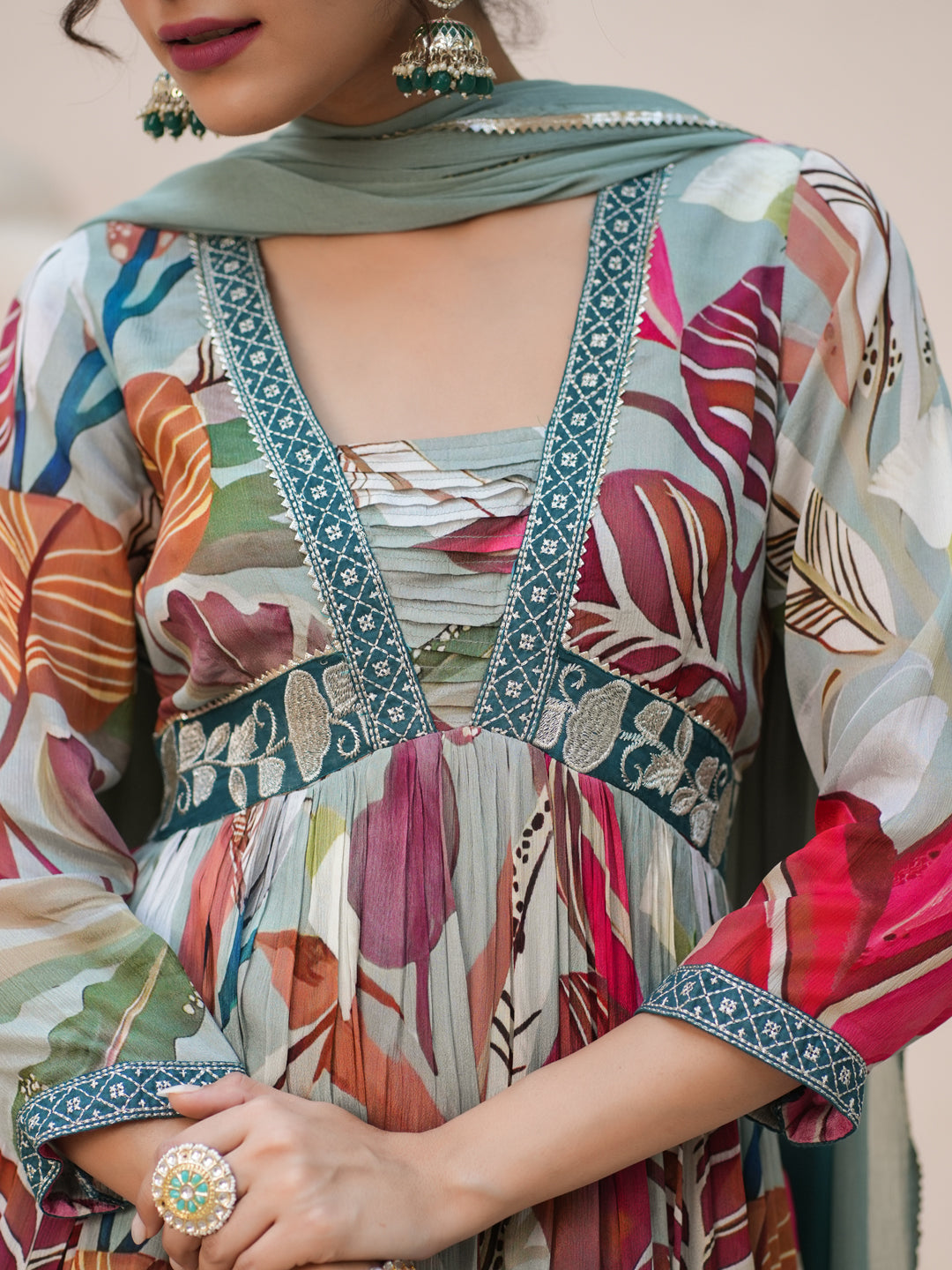 Women Green Chinon Printed A-line Empire Kurta With Trouser And Shaded Dupatta
