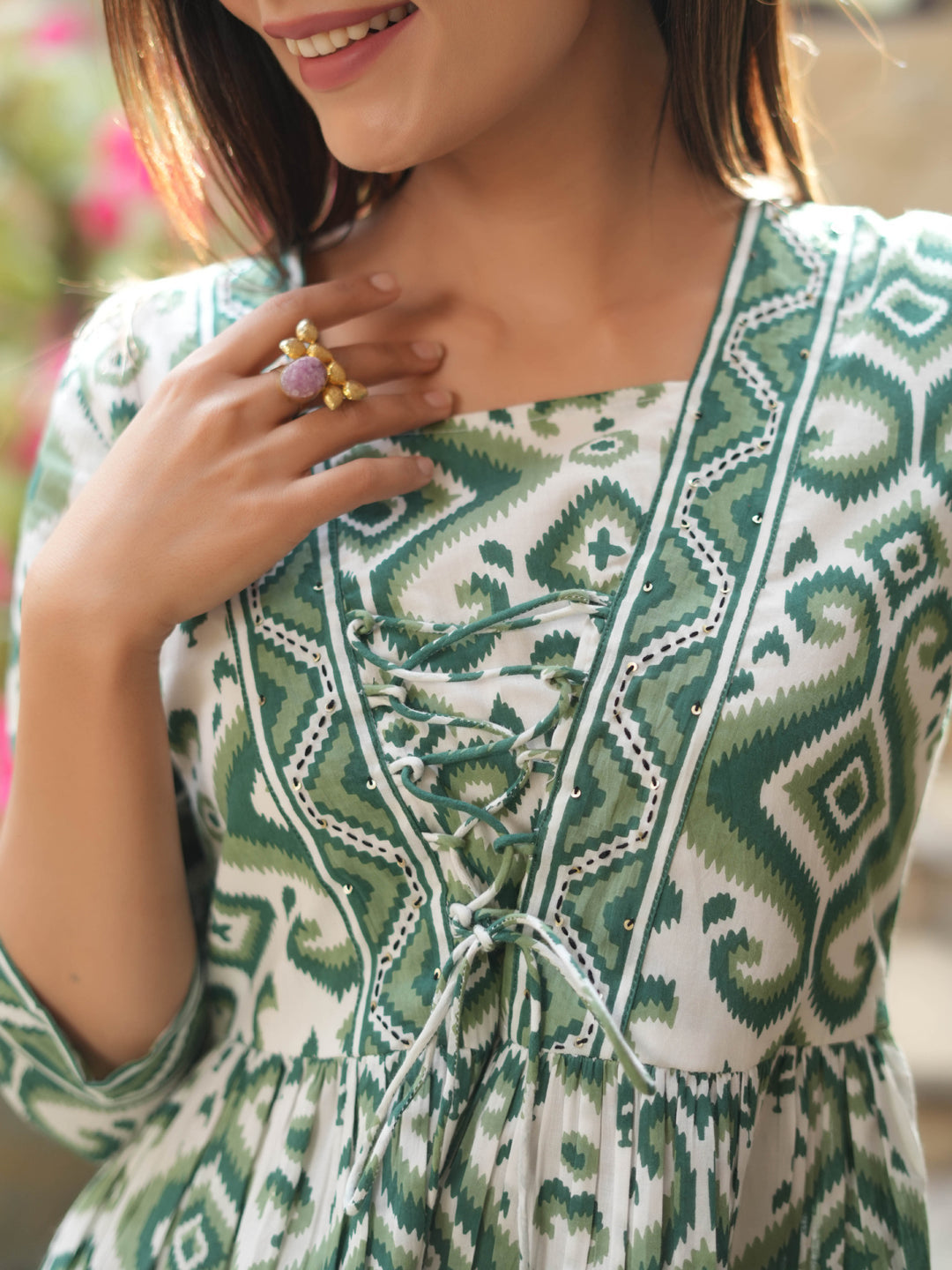 Women Green Ikat Printed Pure Cotton A-line Tops
