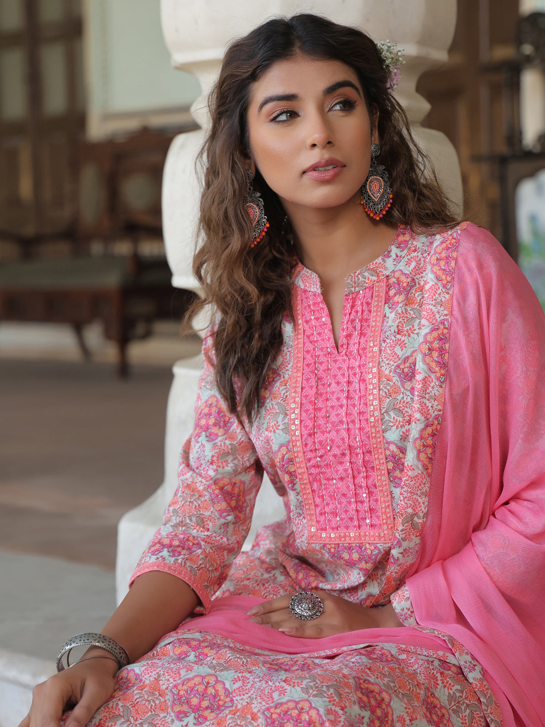 Floral Printed Pure Cotton Kurta with Trousers & Dupatta