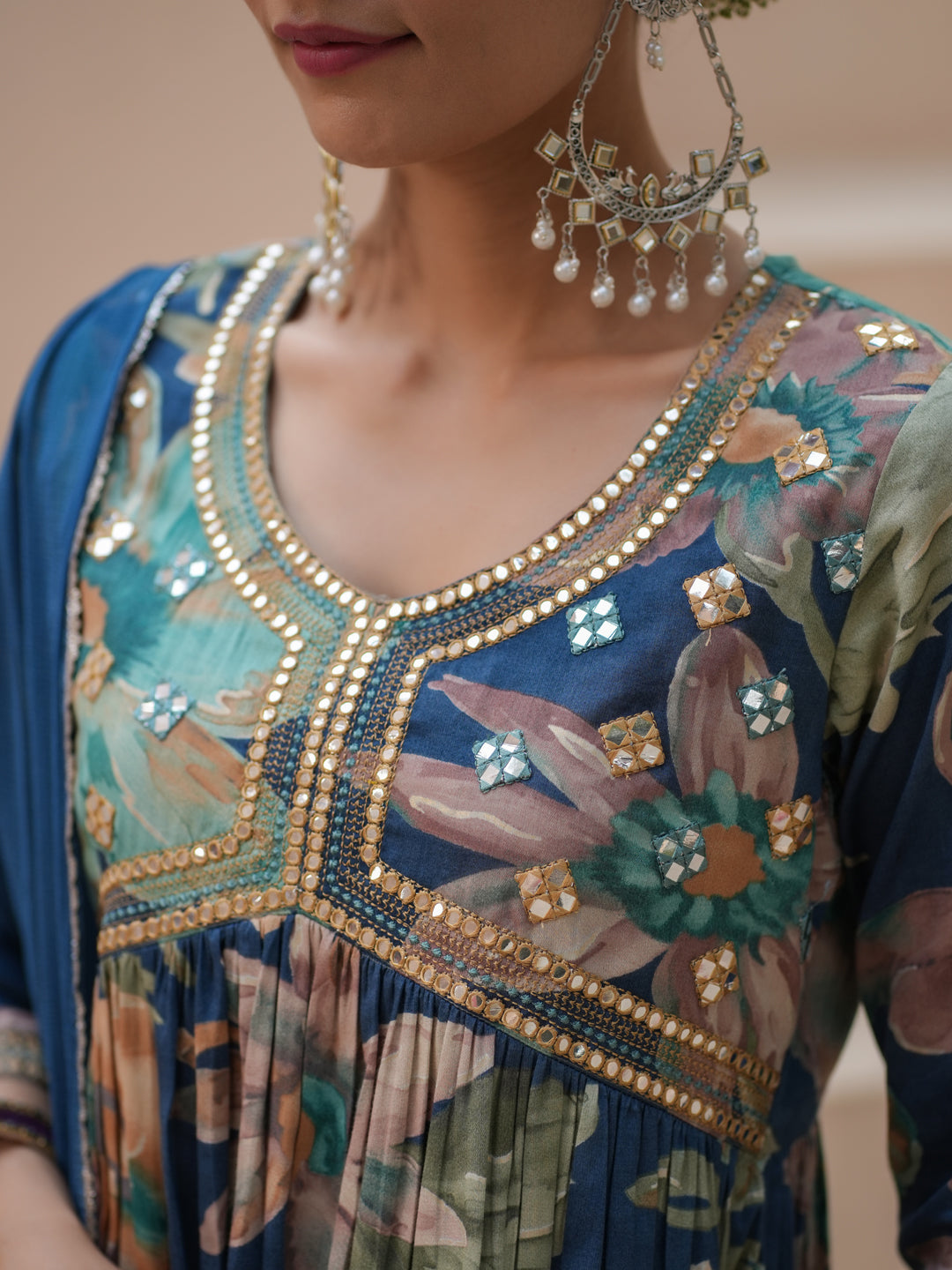 Women Blue Floral Printed Round Neck Empire Line Embroidered Kurta With Trouser And Dupatta