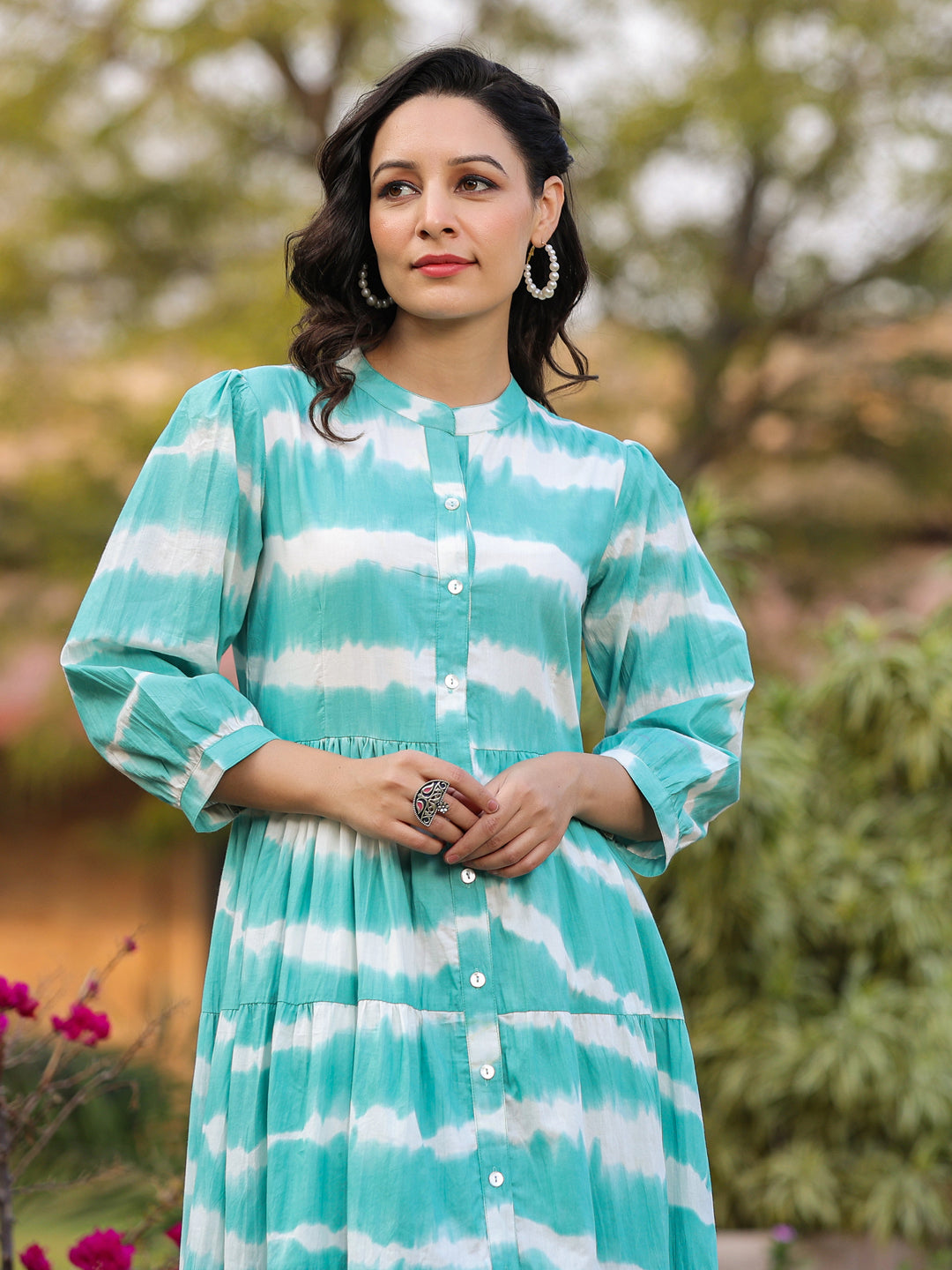 Women Sea Green Tie and Dye Pure Cotton Fit and Flared Midi Dress