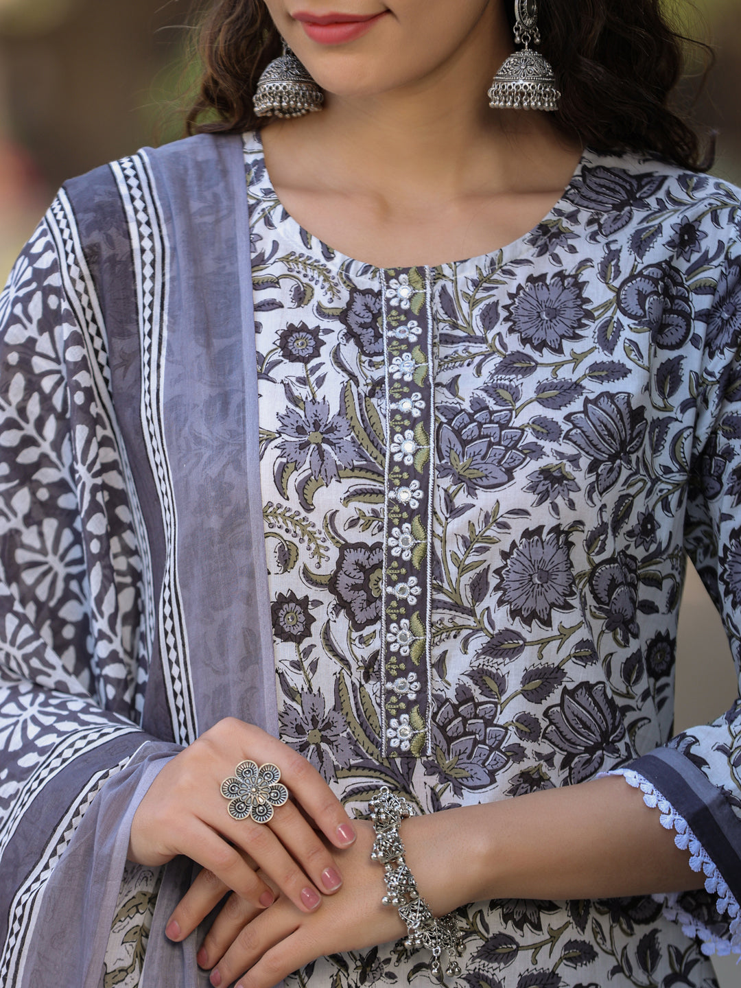 Women Grey Floral Printed Straight Kurta With Afghani Salwar And Printed Dupatta