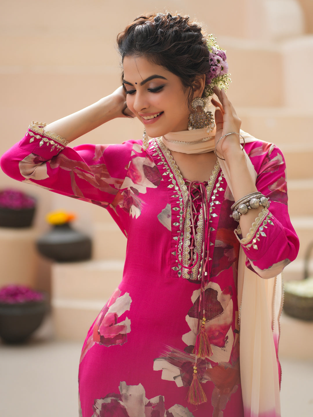 Floral Printed Cotton Silk Mirror Work Kurta With Trousers & Dupatta