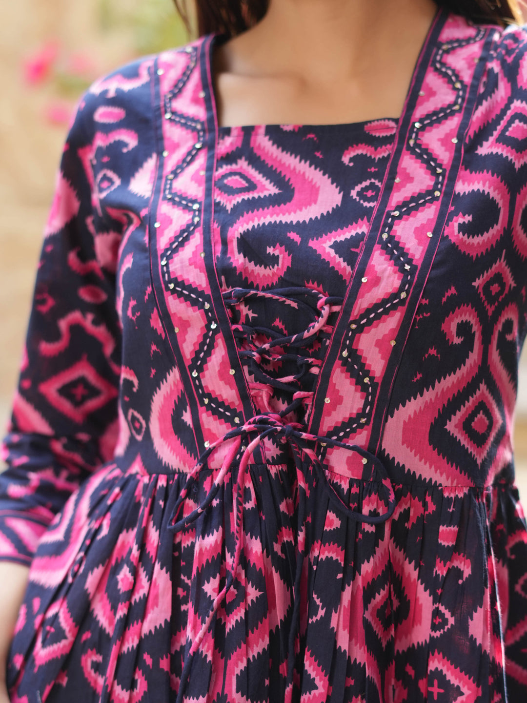 Women Navy Blue Ikat Printed Pure Cotton A-line Tops