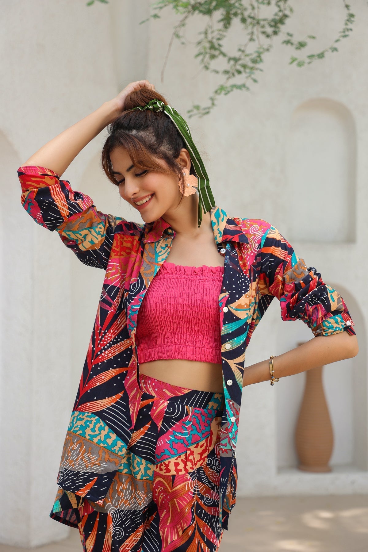 Printed Shoulder Straps Smocked Pure Cotton Crop Top With Trouser & Shirt