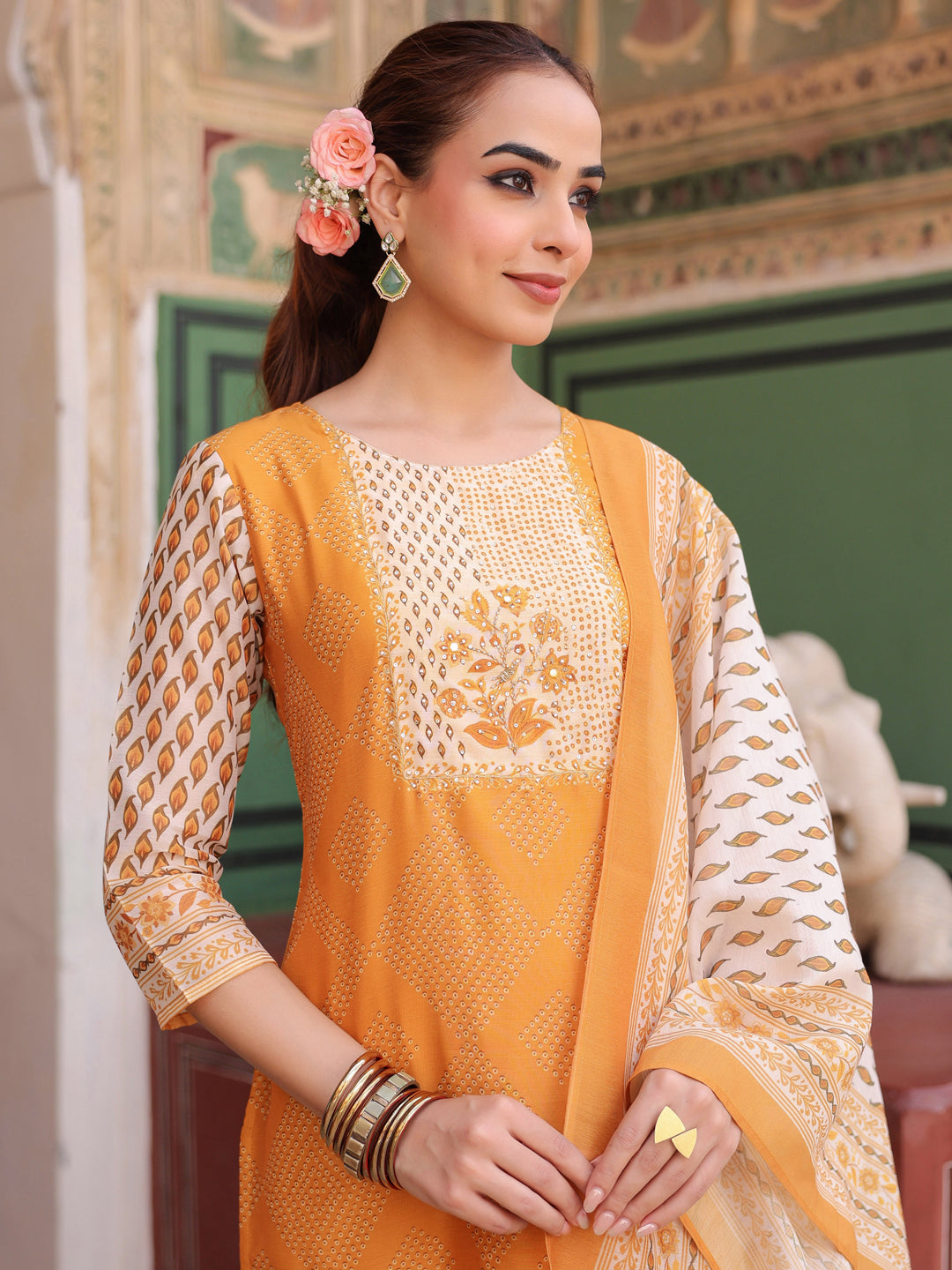 Women Printed Chanderi Cotton Kurta with Trousers & Dupatta