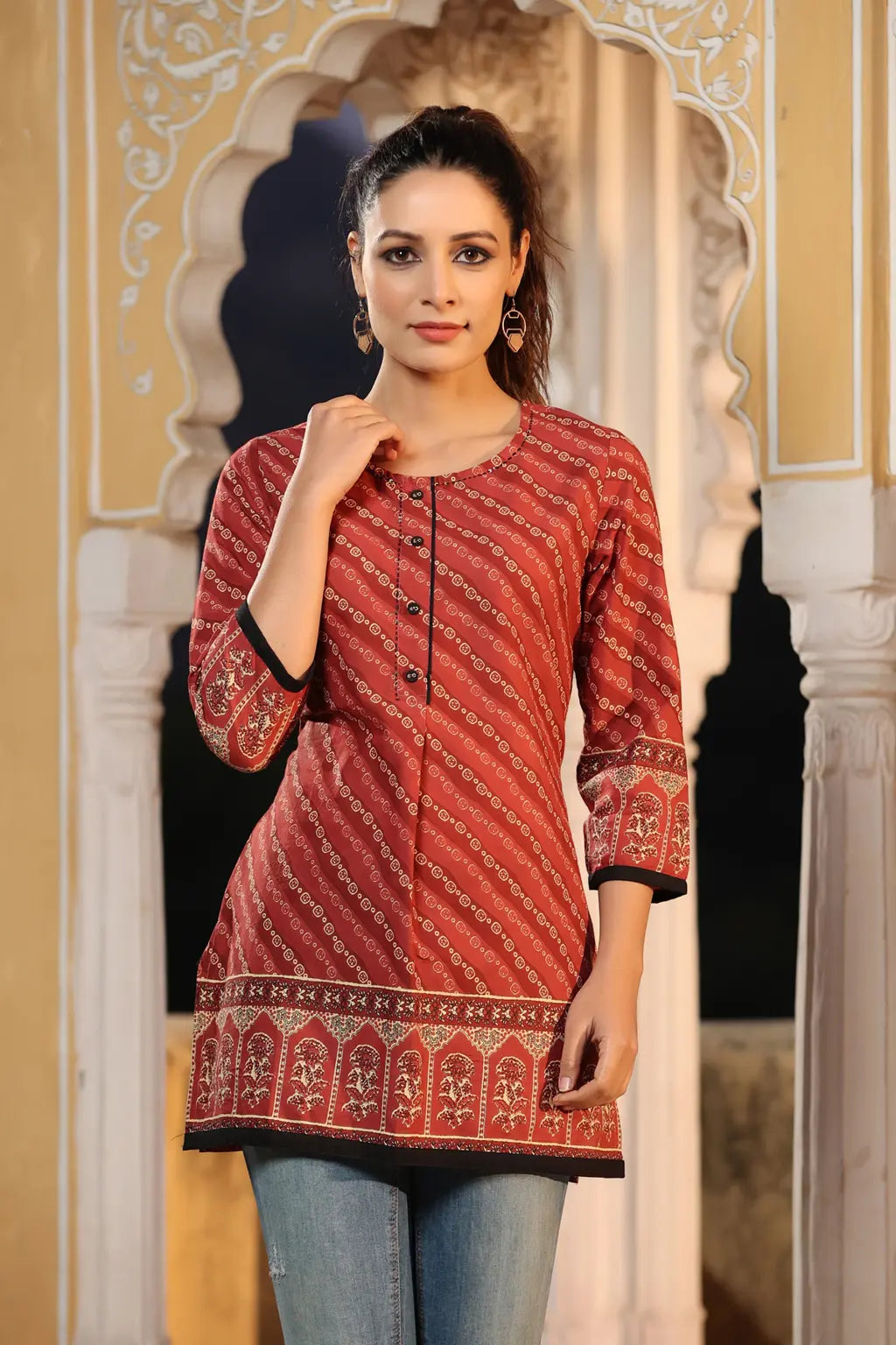 Women Rust & Beige Pure Cotton Kurti