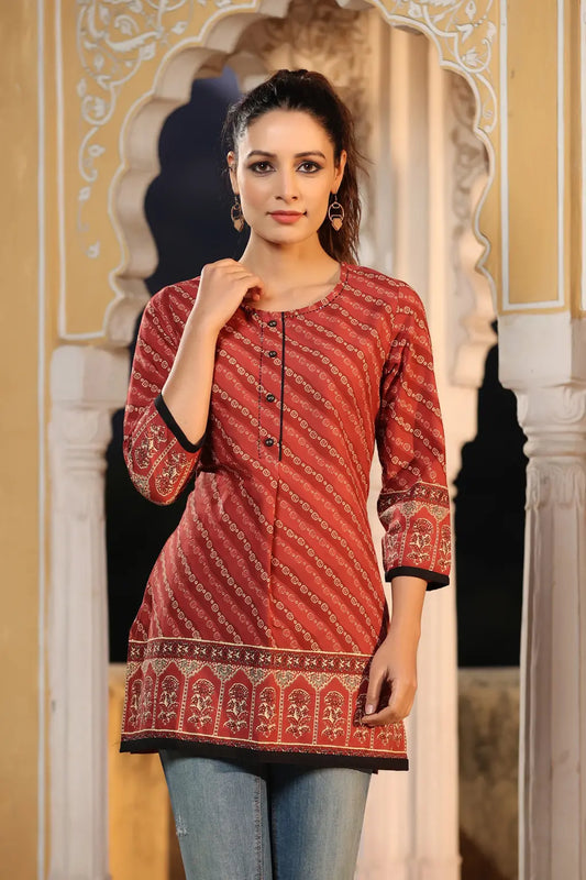 Women Rust & Beige Pure Cotton Kurti