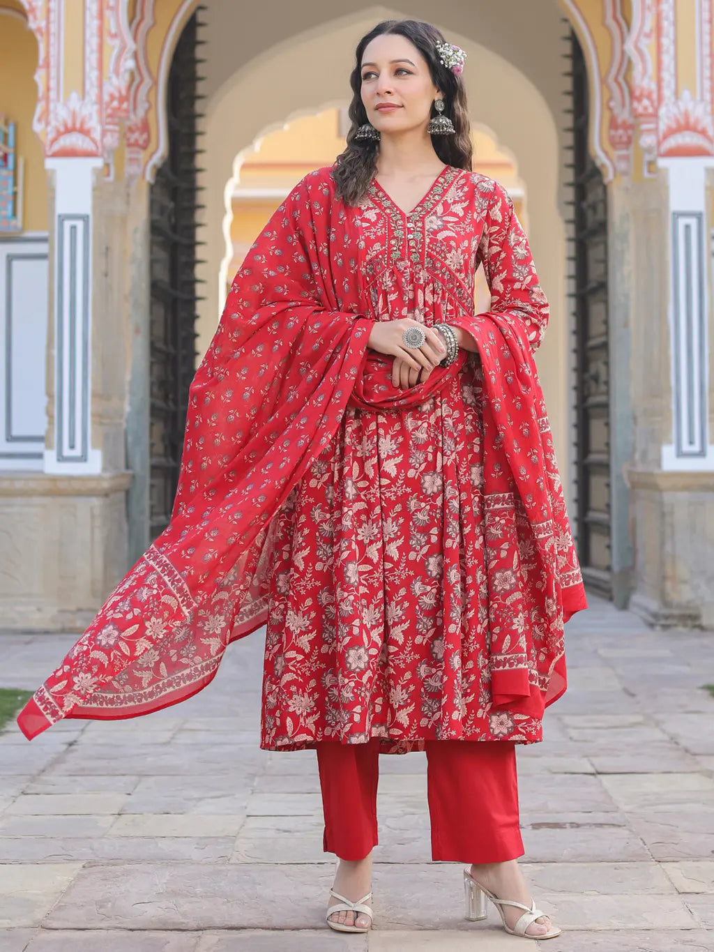 Women Red Floral Printed Empire Line Anakali Kurta With Trouser And Dupatta