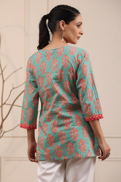 Women Green & Orange Ethnic Printed Sequinned Pure Cotton Kurti