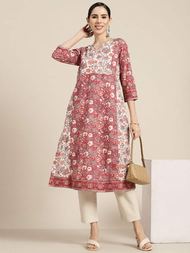 Women Rose & White Floral Printed Cotton Straight Kurta