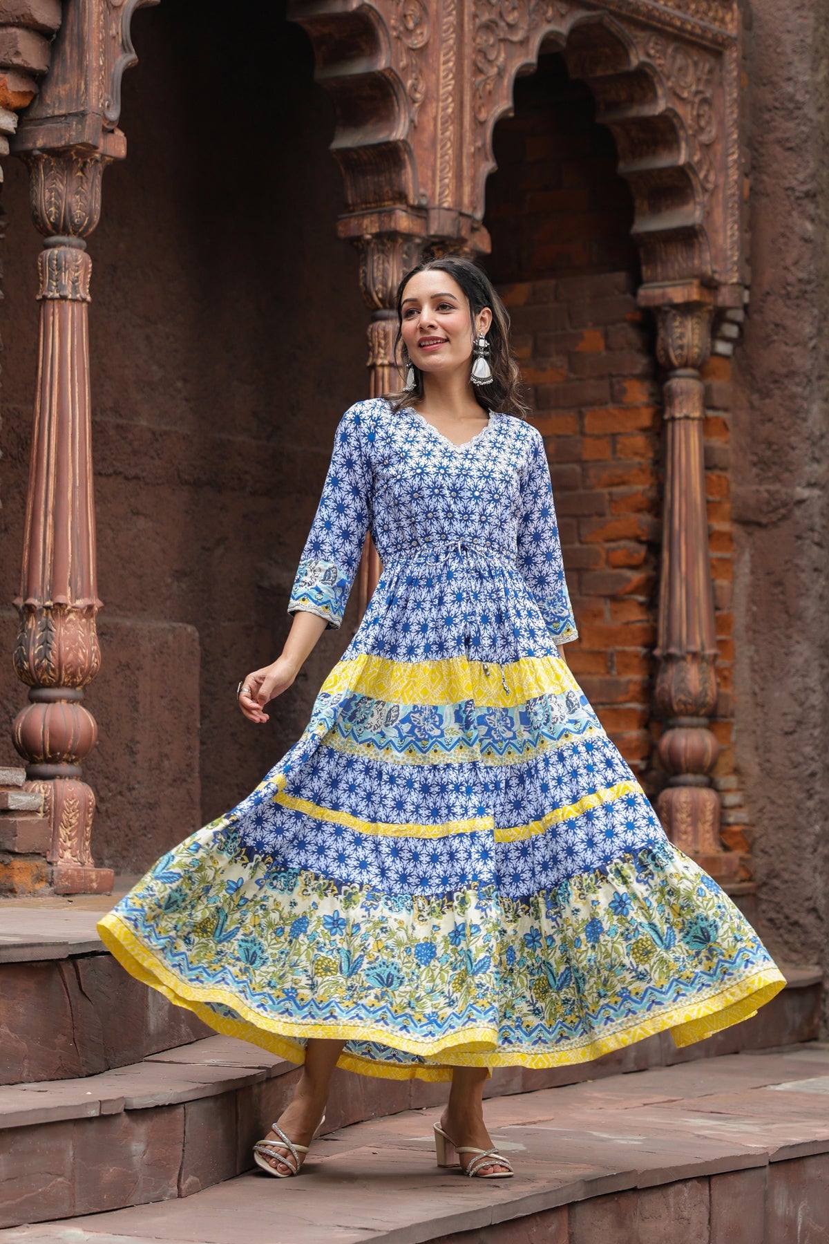 Floral Printed V-Neck Three-Quarter Sleeves Pure Cotton Ethnic Dress