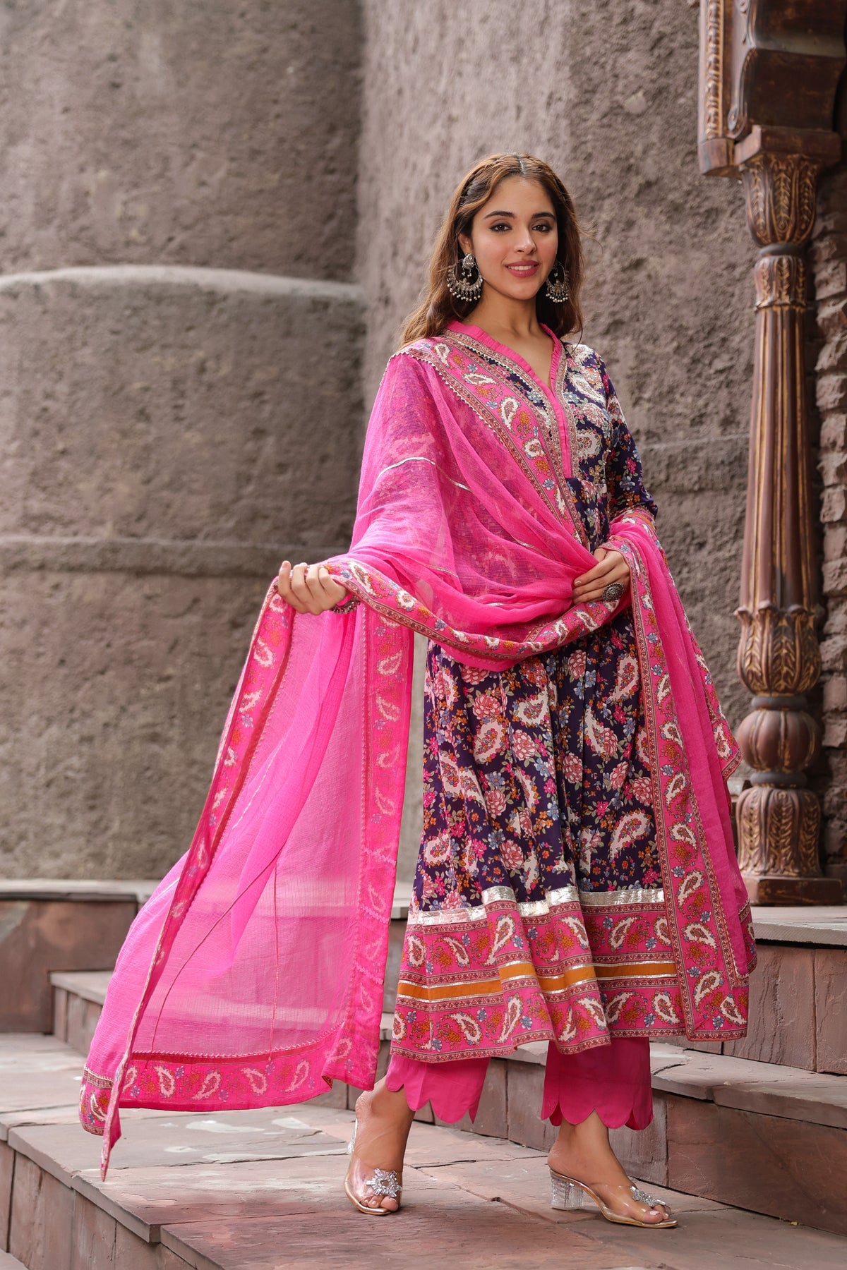Ethnic Motifs Printed Pure Cotton Anarkali Kurta & Trouser & Dupatta