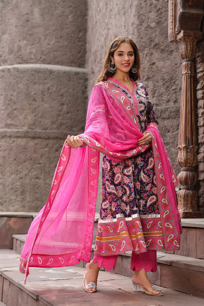 Ethnic Motifs Printed Pure Cotton Anarkali Kurta & Trouser & Dupatta