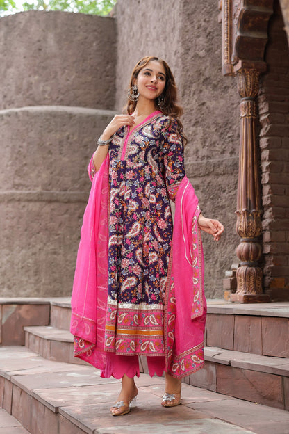 Ethnic Motifs Printed Pure Cotton Anarkali Kurta & Trouser & Dupatta