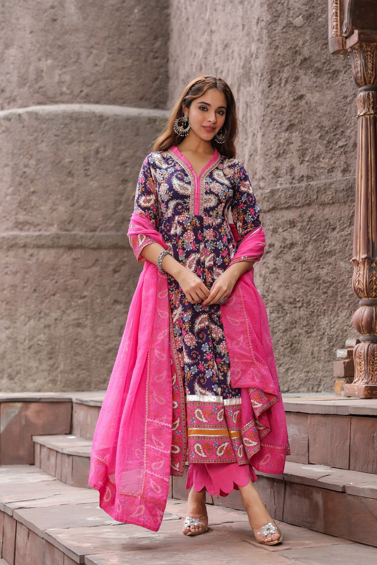 Ethnic Motifs Printed Pure Cotton Anarkali Kurta & Trouser & Dupatta
