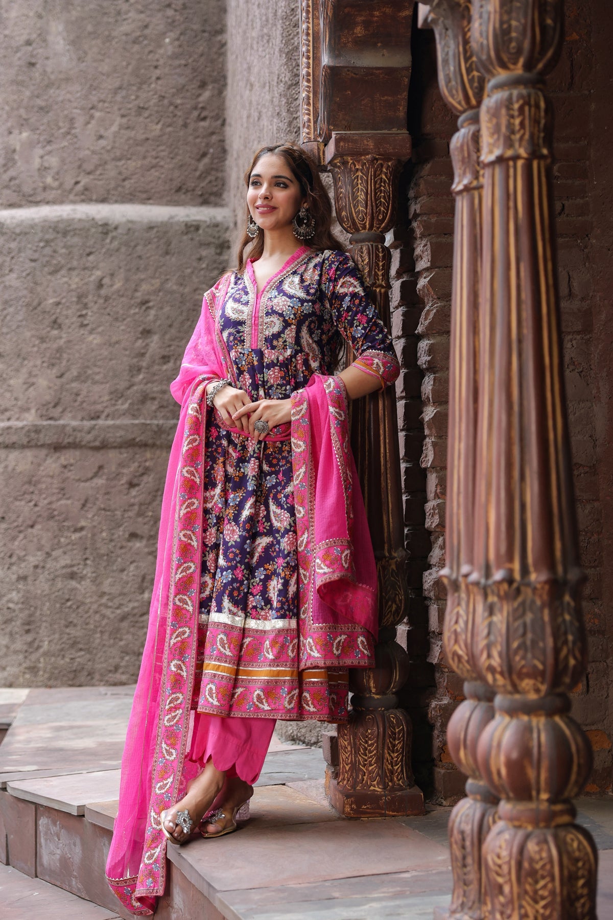 Ethnic Motifs Printed Pure Cotton Anarkali Kurta & Trouser & Dupatta