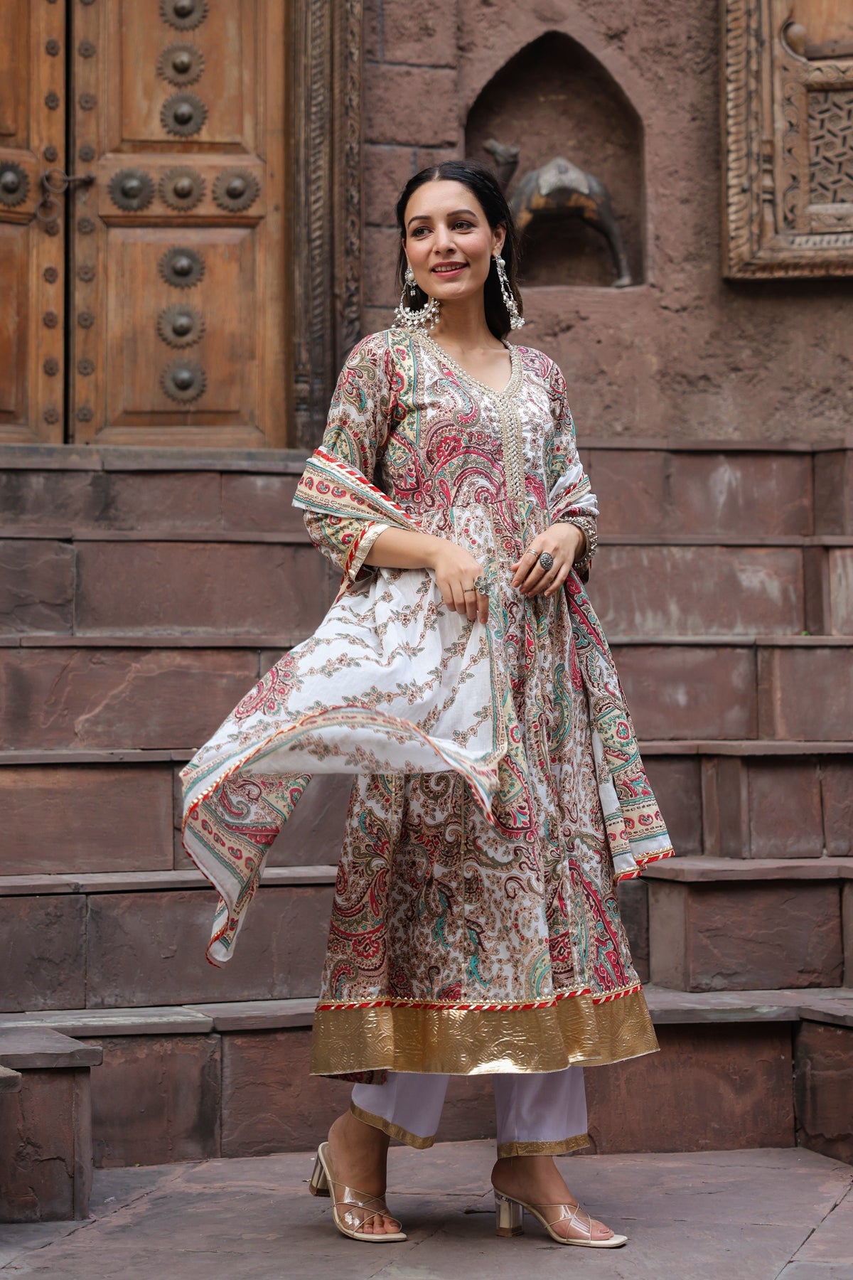 Paisley Printed Gota Patti Pure Cotton Kurta with Trousers & Dupatta