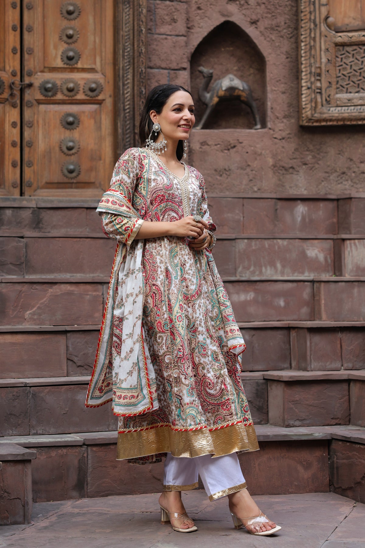 Paisley Printed Gota Patti Pure Cotton Kurta with Trousers & Dupatta