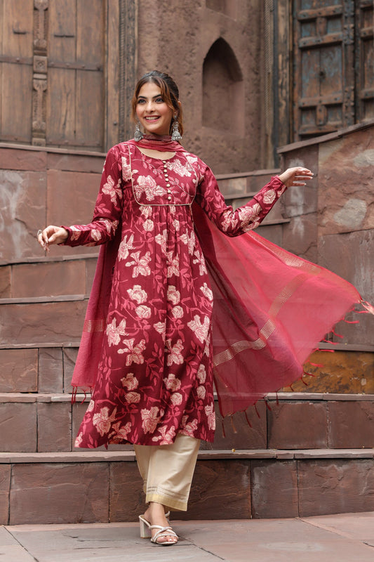 Floral Printed Regular Pure Cotton A-Line Kurta with Trousers & Dupatta