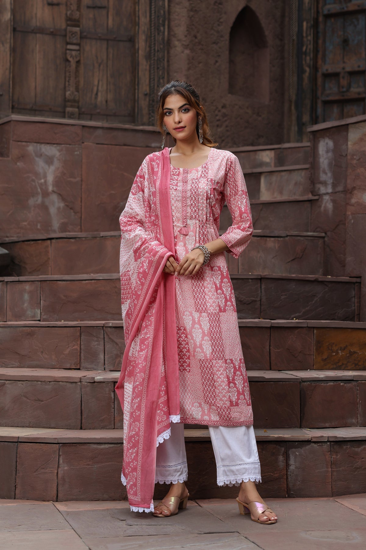 Women Peach-Coloured Ethnic Motifs Printed Sequinned Pure Cotton Kurta with Trousers