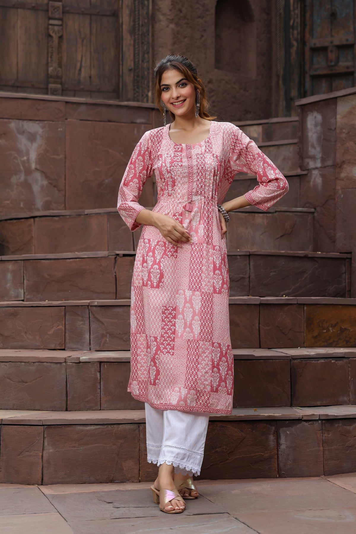 Women Peach-Coloured Ethnic Motifs Printed Sequinned Pure Cotton Kurta with Trousers