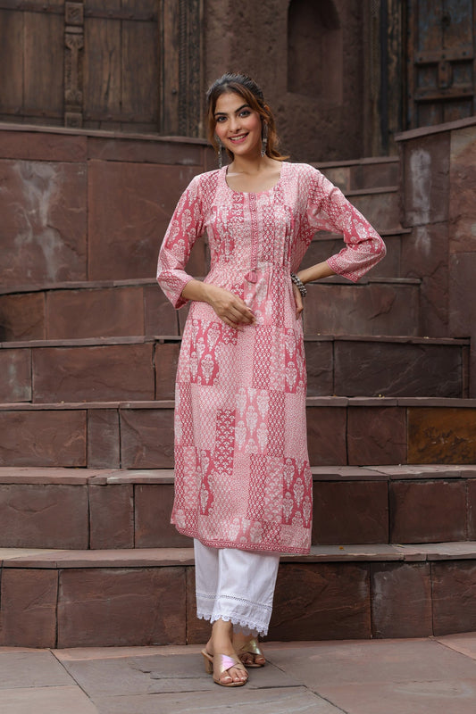 Women Peach-Coloured Ethnic Motifs Printed Sequinned Pure Cotton Kurta with Trousers