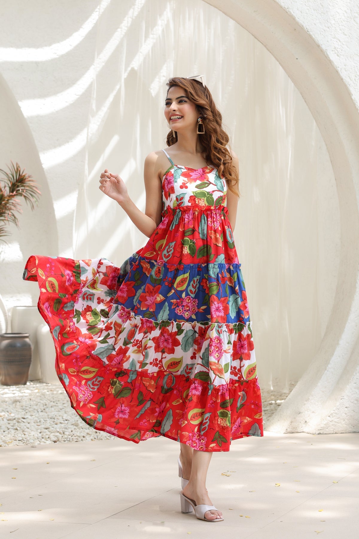 Women Printed Shoulder Straps Fit & Flare Midi Ethnic Dresses