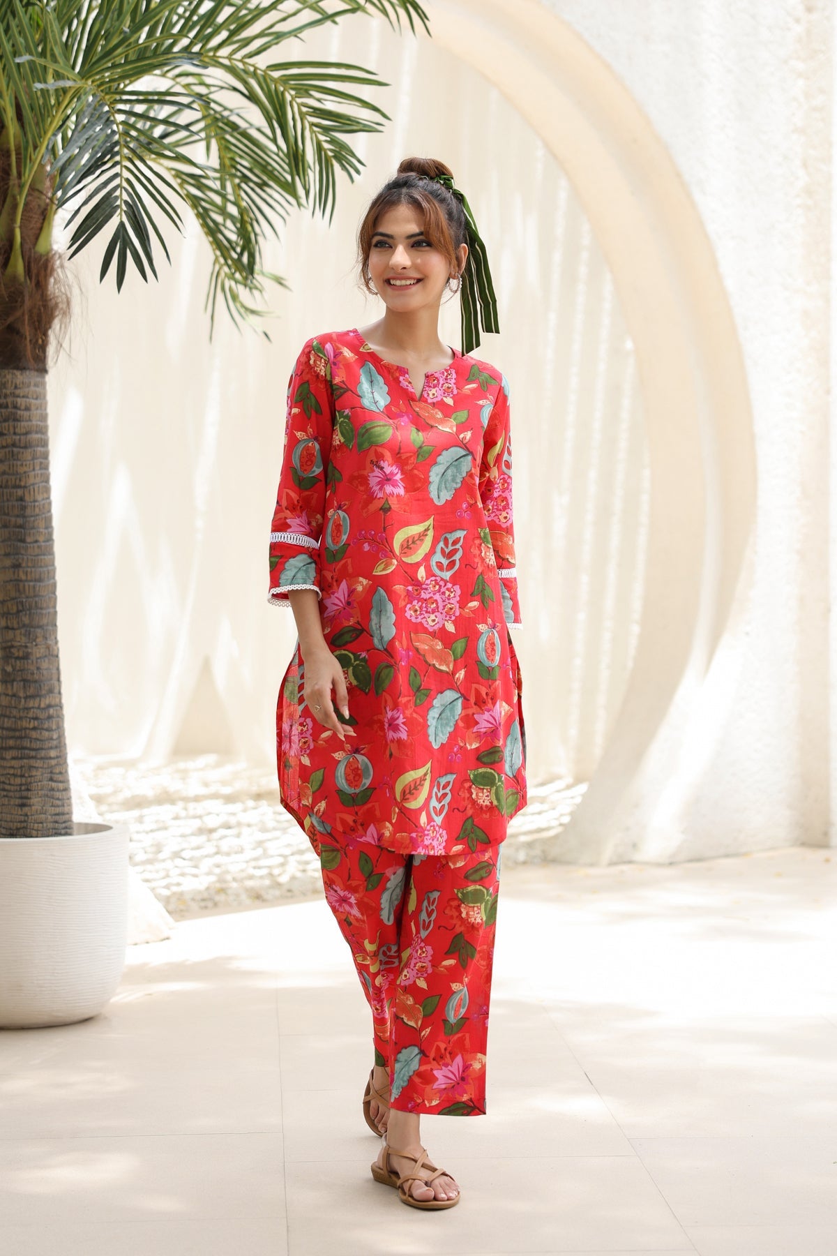 Printed Pure Cotton Notch Neck Tunic With Trouser Co-Ords