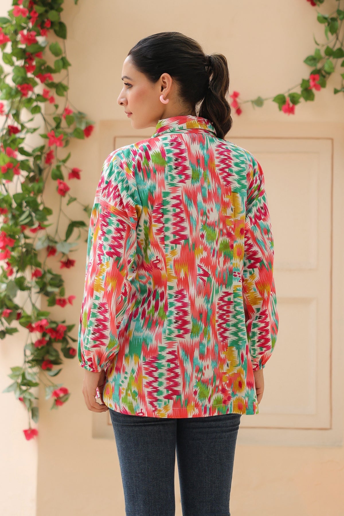 Women Abstract Printed Shirt Collar Pure Cotton Top