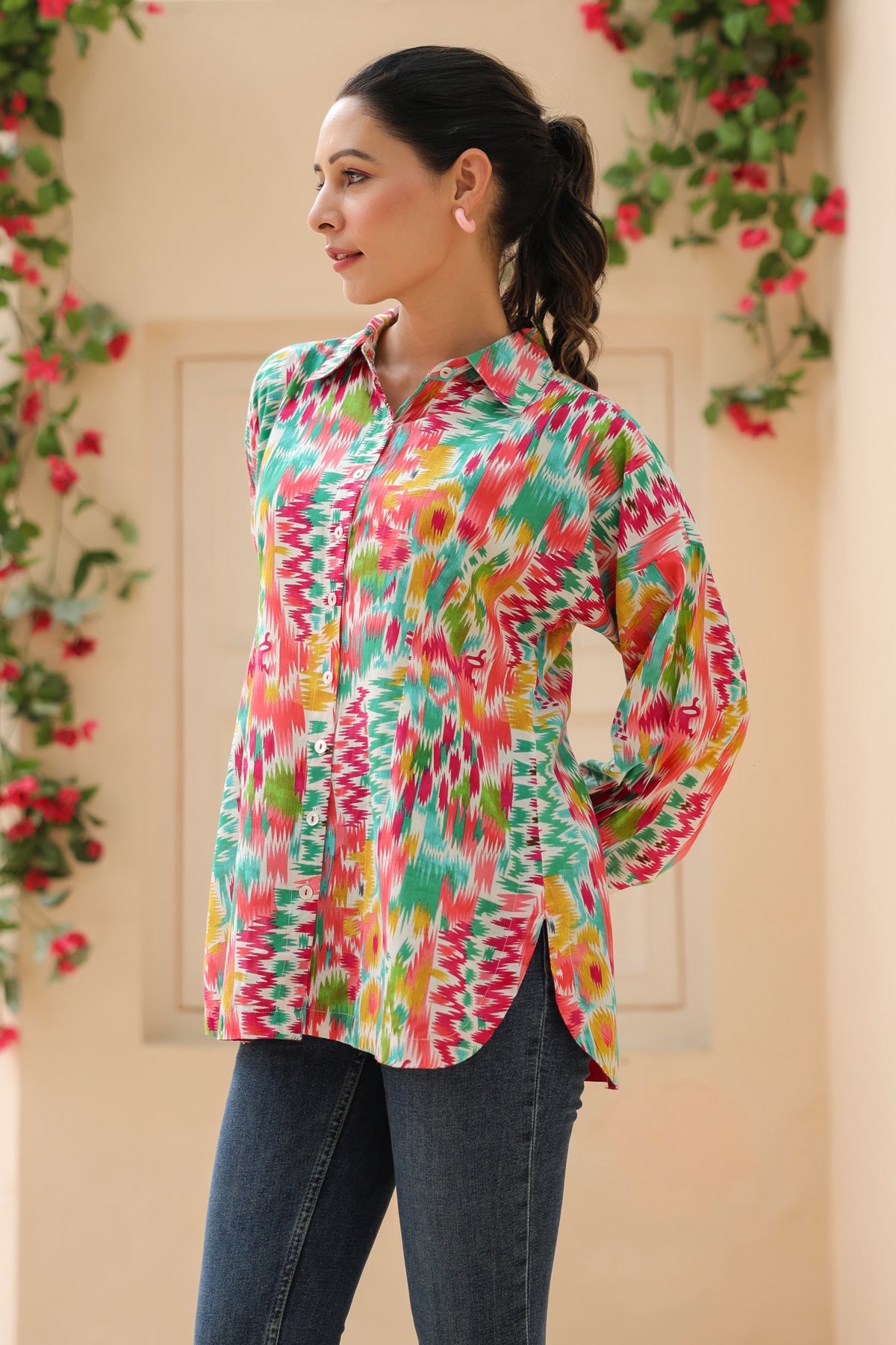 Women Abstract Printed Shirt Collar Pure Cotton Top