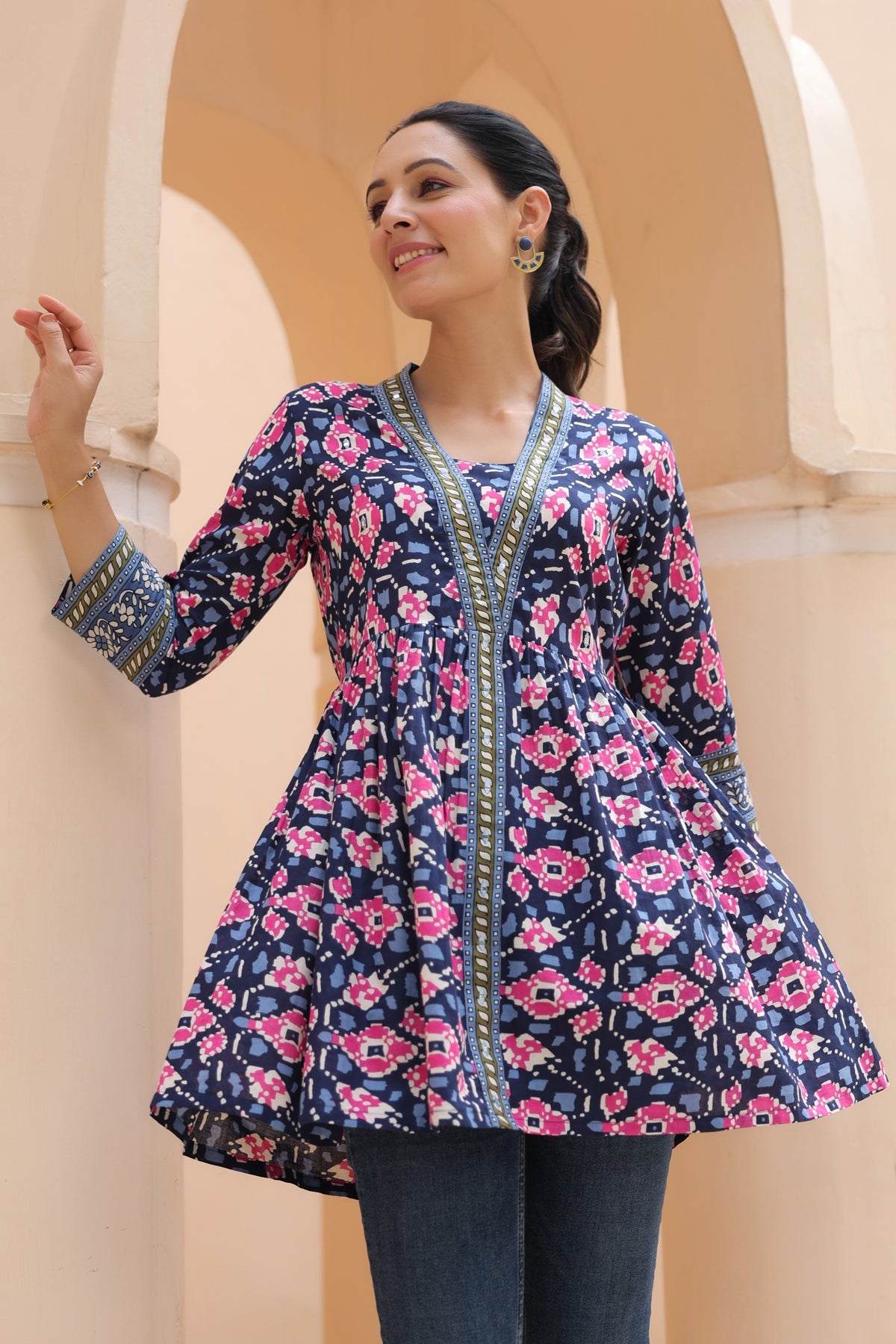 Floral Printed V-Neck A-Line Cotton Top