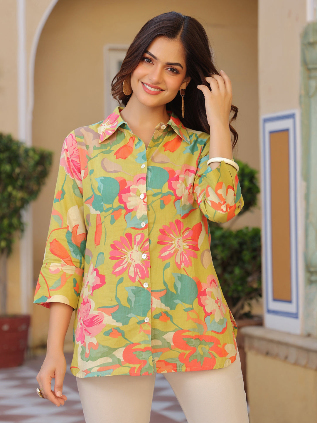 Women Abstract Printed Roll-Up Sleeves Shirt Style Cotton Regular Top